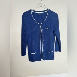 Lands End Navy Blue Nautical Cardigan White Piping Gold Hardware